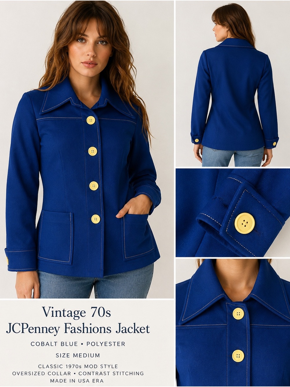 Vintage 70s JCPenny Women's Jacket Cobalt Blue Medium Oversized Collar Mint